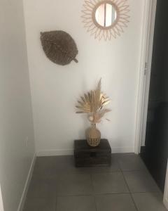 un couloir avec un miroir et une plante dans un vase dans l'établissement Appartement T2 Bayonne avec parking, à Bayonne
