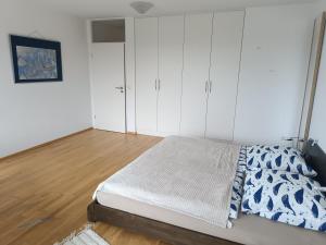 een slaapkamer met witte kasten en een bed bij Ferienwohnung INA am Bodensee Uhldingen-Mühlhofen mit Innenpool und Sauna in Uhldingen-Mühlhofen