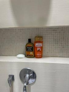 - une étagère avec 2 bouteilles de savon et un lavabo dans l'établissement Amplia y céntrica residencia, à Reynosa
