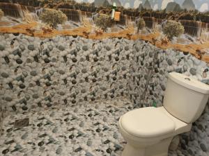 a bathroom with a toilet and a rock wall at white's vila in Matara
