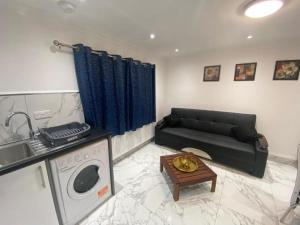 a living room with a couch and a washing machine at THE ROYAL BOUTIQUE PICCADILLY LODGE by LONDON SLEEP 8 in Hayes