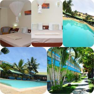 eine Collage mit Fotos eines Hotels und eines Pools in der Unterkunft ASINS HOLIDAY INN HOTEL in Ukunda