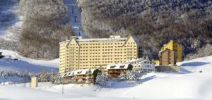 un grand bâtiment dans la neige sur une montagne dans l'établissement IL RIFUGIO DELLO SCIATORE/HOTEL PARADISO, à Roccaraso