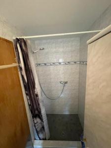 uma casa de banho com uma cortina de chuveiro em Ferienwohnung Sonnenseite Brienz em Brienz