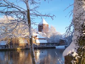 a building in the snow next to a lake at Ferienhaus am Mühlenteich in Teterow