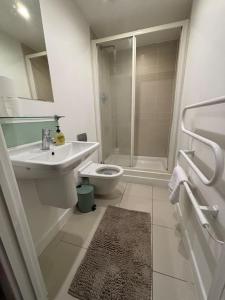 a bathroom with a toilet and a sink and a shower at 2BR/2BA Gem with Private Balcony in London