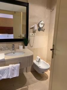 Hotel Villa San Francisco في مربلة: حمام مع حوض ومرآة ومرحاض