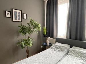 - une chambre avec un lit et deux plantes en pot dans l'établissement Bp-EST CP, à Budapest