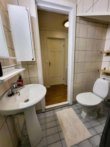 uma casa de banho com um lavatório branco e um WC. em Ksu Nordlandet leiligheten em Kristiansund