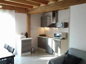 eine kleine Küche mit einer Spüle und einer Mikrowelle in der Unterkunft Les pres saint jean in Champigny-sur-Aube