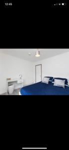 a bedroom with a blue bed with two pillows at House @ Queens University in Belfast