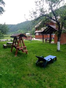 una mesa de picnic y bancos en un parque en LIVADA AMELY, en Galeş