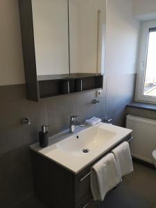 a bathroom with a white sink and a mirror at Ferienzimmer Schneider in Herbstein