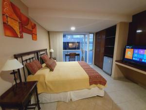 a bedroom with a large bed and a television at Departamento Caseros Desing in Salta