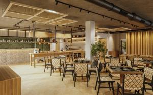 a rendering of a restaurant with tables and chairs at Aparthotel Casita Blanca - Adults Only in San Antonio