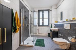 ein Bad mit einer Dusche, einem WC und einem Waschbecken in der Unterkunft EASYLIFE - Apartment Retro in Eisenach