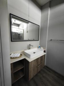 a bathroom with a white sink and a mirror at Wonderful beach bungalow in the south. in Riambel