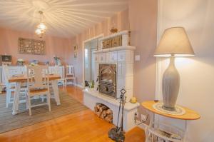 uma sala de estar com lareira e uma sala de jantar em La maison vautier em Vendeuvre-sur-Barse