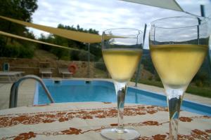 dos vasos de vino blanco sentados en una mesa en Villa Podere Quartarola, en Modigliana