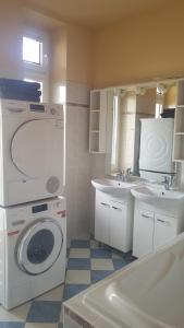 ein Badezimmer mit einer Waschmaschine und einem Waschbecken in der Unterkunft Apartment 345 in Kutná Hora