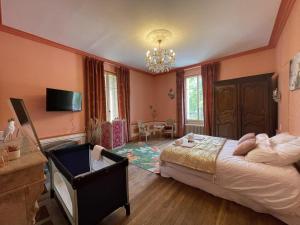 ein Schlafzimmer mit einem großen Bett und einem Kronleuchter in der Unterkunft L'instant champenois in Bréviandes