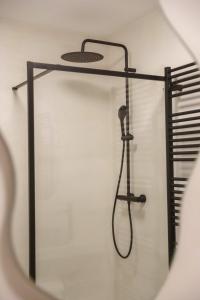 una ducha con cabezal de ducha en un estante en Luxe appartement in Antwerpen en Amberes