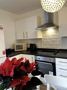 a kitchen with a black counter top with red flowers at Peaceful flat in Central London in London