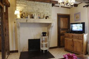 a living room with a fireplace and a television at La compagnie du soleil in Bligny