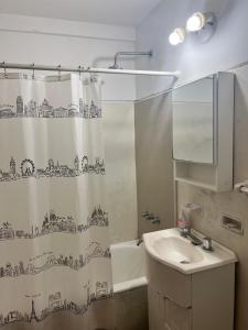 y baño con cortina de ducha y lavamanos. en Studio French - Recoleta en Buenos Aires
