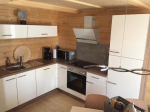 a kitchen with white cabinets and a sink and a microwave at Lodge-Altjeßnitz-Goitzsche 