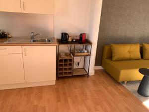 uma cozinha com um lavatório e um sofá num quarto em Coco’s place em Antuérpia