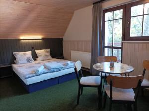 een slaapkamer met een bed en een tafel en stoelen bij Pension DORO in Cerny Dul