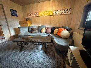 a living room with a couch with pillows on it at Casa Anita in Laax-Murschetg
