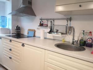 a kitchen with a sink and a counter top at Lovely one bedroom condo next Mall Vitan in Bucharest