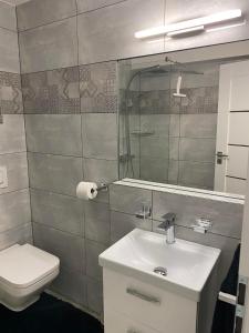 にあるSportbarのバスルーム(洗面台、トイレ、鏡付)