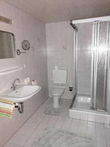 ein Bad mit einem WC, einem Waschbecken und einer Dusche in der Unterkunft Ferienwohnung Josef Müller in Arnbruck