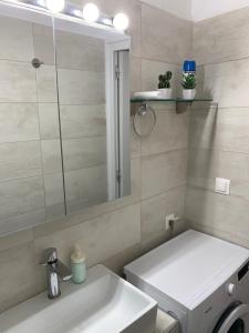 a bathroom with a toilet and a sink and a mirror at Gina's cozy home in Athens +38 photos