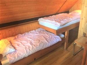 two beds sitting in a room with wooden walls at Cozy Holiday cottage at Ringkøbing Fjord in Hemmet