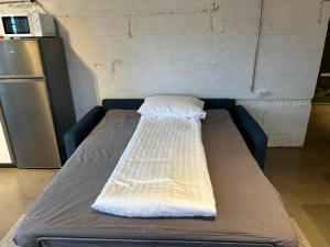 duże łóżko w pokoju z lodówką w obiekcie Apartment for 4 guests w mieście Hvolsvöllur