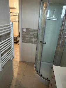 baño con ducha y puerta de cristal en Bienvenu chez nous en Douzens