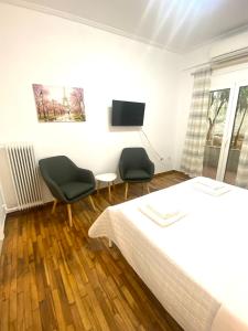 - une chambre avec deux chaises, un lit et une télévision dans l'établissement Domna Home Next To Sigrou Avenue, à Athènes