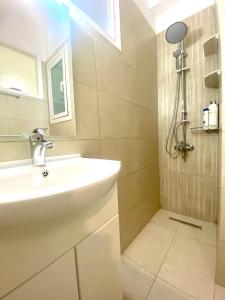 La salle de bains est pourvue d'un lavabo et d'une douche. dans l'établissement Domna Home Next To Sigrou Avenue, à Athènes