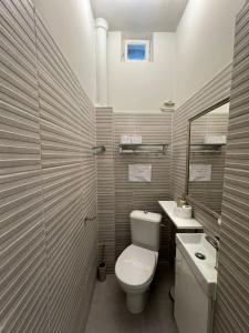 een badkamer met een toilet, een wastafel en een spiegel bij Central Stay Brasov in Braşov
