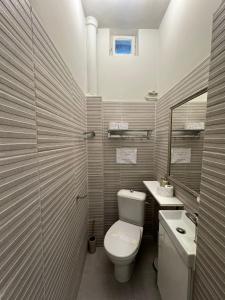 une salle de bains avec toilettes, lavabo et miroir dans l'établissement Central Stay Brasov, à Braşov