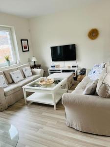 a living room with two couches and a tv at Mulberry House in Gdańsk