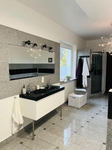 a large bathroom with a sink and a shower at Mulberry House in Gdańsk