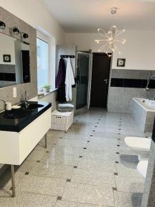 a bathroom with a sink and a toilet and a shower at Mulberry House in Gdańsk