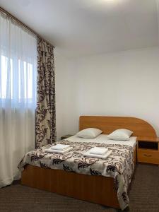 a bedroom with a bed with a curtain and a window at Viktoria Hotel in Obroshino