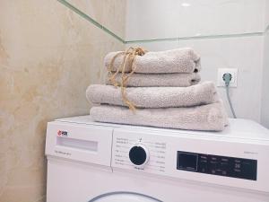 a stack of towels sitting on top of a washing machine at Las Hermanas for 2 in Perea