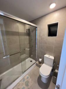 uma casa de banho com um WC e uma cabina de duche em vidro. em Penthouse en Papudo Alto - Chagual em Papudo